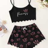 Conjunto de pijama con letra & con estampado de corona ribete en forma de lechuga