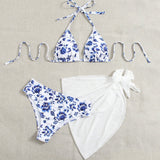 Swim Pack de 3 vestidos de playa y bikini de triangulo halter con estampado floral