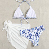 Swim Pack de 3 vestidos de playa y bikini de triangulo halter con estampado floral