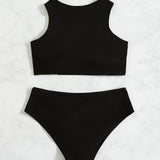 Swim Traje de bano de 2 piezas con parte inferior de bikini sin aros y parte inferior de bikini de talle alto con bloques de color