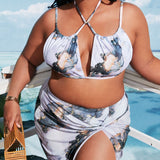 Swim Curve 3 piezas con estampado de marmol de talle alto Banador bikini & Falda de playa