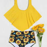 Swim Banador bikini con estampado de girasol bajo hanky de talle alto