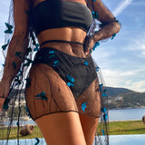 VCAY Conjunto de bikini de malla transparente con apliques de mariposa Sujetador de banda y bottom de talle alto y cubierta de playa y falda Traje de bano de 4 piezas