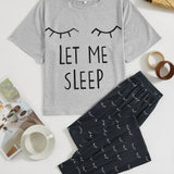 Conjunto de pijama camiseta con estampado de pestana y slogan con pantalones