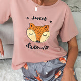 Conjunto de pijama con estampado de zorro de dibujos animados y letra