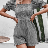 VCAY Plaid Print Shirred Flounce Sleeve Romper