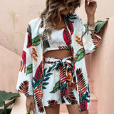 VCAY con estampado tropical Top halter & Shorts con cinturon & Kimono