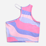 EZwear Crop Top Sexy De Verano Con Cuello Asimetrico Y Estampado Grafico Irregular En Color Dopamina Para Salir