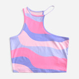 EZwear Crop Top Sexy De Verano Con Cuello Asimetrico Y Estampado Grafico Irregular En Color Dopamina Para Salir