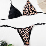 Swim Conjunto de bikini de leopardo empalmado, sujetador de triangulo halter y tanga, traje de bano de 2 piezas