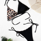 Swim Conjunto de bikini de leopardo empalmado, sujetador de triangulo halter y tanga, traje de bano de 2 piezas