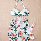 Swim 3 piezas con estampado floral Banador bikini halter & desmontable Falda de playa