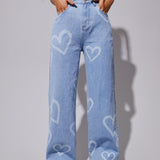 EZwear Jeans de talle alto con estampado de corazon de pierna ancha