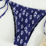 Swim Vcay Conjunto de bikini con estampado floral Ditsy, sujetador halter fruncido y bottom de tanga, traje de bano de 2 piezas