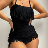 Swim Conjunto mono tankini, vestido de bano con dobladillo con flecos y parte inferior de bikini, traje de bano de 2 piezas