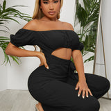 SXY Off Shoulder Ruched Bust Belted Jumpsuit