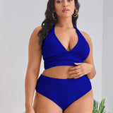 Swim Curve Conjunto de bikini acanalado con parte superior halter fruncida y bottom de talle alto Traje de bano de 2 piezas