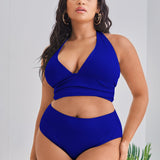 Swim Curve Conjunto de bikini acanalado con parte superior halter fruncida y bottom de talle alto Traje de bano de 2 piezas