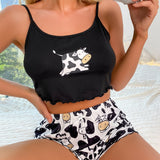 Conjunto de pijama con estampado de vaca ribete en forma de lechuga