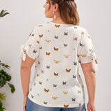 Blusa con estampado de mariposa de puno con nudo