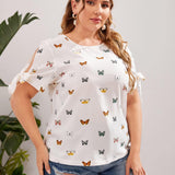 Blusa con estampado de mariposa de puno con nudo