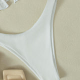 Swim Set bikini unicoloracanalado con ribete de volantes, parte superior de sujetador triangular halter y bottom de bikini de corte alto, traje de bano de 2 piezas