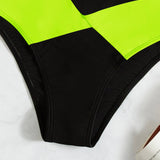 Swim Traje de bano de 2 piezas con parte inferior de bikini sin aros y parte inferior de bikini de talle alto con bloques de color