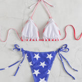 Swim Conjunto de bikini de verano de la bandera americana con sujetador halter en triangulo y fondo de bikini con lazos laterales en 2 piezas. Traje de bano del 4 de julio