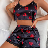 Conjunto de pijama de tirantes con estampado labios & Lapiz labial ribete con encaje de Satin