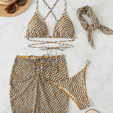 Swim Traje de bano de 4 piezas con sujetador de triangulo, tanga, bandana y falda de playa con estampado completo y cordones