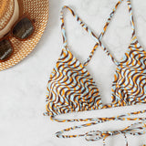 Swim Traje de bano de 4 piezas con sujetador de triangulo, tanga, bandana y falda de playa con estampado completo y cordones