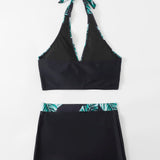 Conjunto de bikini con estampado tropical Traje de bano de 2 piezas con sujetador sin aros y pantalones cortos con cuello halter