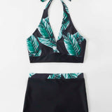 Conjunto de bikini con estampado tropical Traje de bano de 2 piezas con sujetador sin aros y pantalones cortos con cuello halter