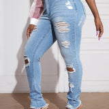 SXY Jeans ajustados de talle alto desgarro crudo bajo crudo