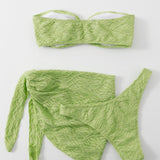 Swim Conjunto de bikini texturizado, parte superior de sujetador tipo bandeau con aro en O, parte inferior de bikini y falda, traje de bano de 3 piezas