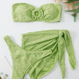 Swim Conjunto de bikini texturizado, parte superior de sujetador tipo bandeau con aro en O, parte inferior de bikini y falda, traje de bano de 3 piezas