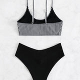 Swim Conjunto de bikini de rayas verticales Sujetador sin aros y parte inferior de bikini hipster Traje de bano de 2 piezas