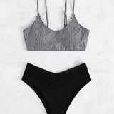 Swim Conjunto de bikini de rayas verticales Sujetador sin aros y parte inferior de bikini hipster Traje de bano de 2 piezas