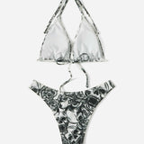 Conjunto de bikini con estampado floral y de calavera Sujetador de triangulo y parte inferior de bikini de corte alto Traje de bano de 2 piezas