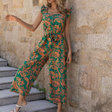 VCAY Floral Print Ruffle Trim Wide Leg Belted Jumpsuit