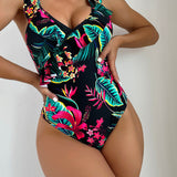 Swim Banador una pieza con estampado tropical ribete con fruncido