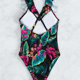 Swim Banador una pieza con estampado tropical ribete con fruncido