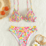 Swim Conjunto de bikini con estampado floral Sujetador con aros fruncido y parte inferior hipster Traje de bano de 2 piezas