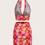 ICON 90s Top halter con estampado floral de espalda abierta & Falda con abertura