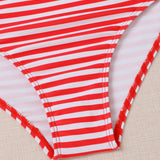 Swim Conjunto de bikini con estampado de sandia y rayas Sujetador inalambrico con dobladillo con volantes y parte inferior de bikini de cintura alta Traje de bano de 2 piezas