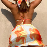 Swim Conjunto de bikini de patron fluido Sujetador de triangulo halter y parte inferior de corte alto y falda de playa y panuelo traje de bano de 4 piezas