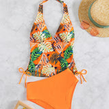 Swim Conjunto de Tankini para playa de verano, parte superior halter con diseno tropical y lazos ajustables en los costados + Pantalon Tankini de cintura alta con estampado tropical, traje de bano de 2 piezas