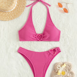 Swim Conjunto de bikini texturizado Sujetador sin aros halter con aro en forma de corazon y parte inferior de bikini Traje de bano de 2 piezas