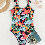 Swim Banador una pieza floral al azar con estampado ribete con fruncido