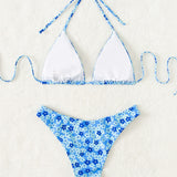 Swim Traje de bano de 2 piezas con sujetador de triangulo halter y parte inferior de bikini con estampado floral Ditsy